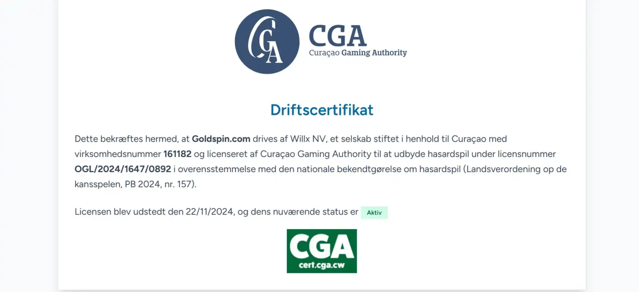 GoldSpins officielle Curaçao Gaming Authority licenscertifikat