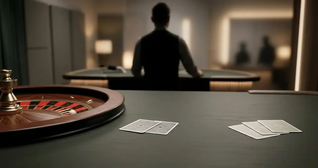 Illustration af live casino med spilvært, roulette, blackjack og baccarat