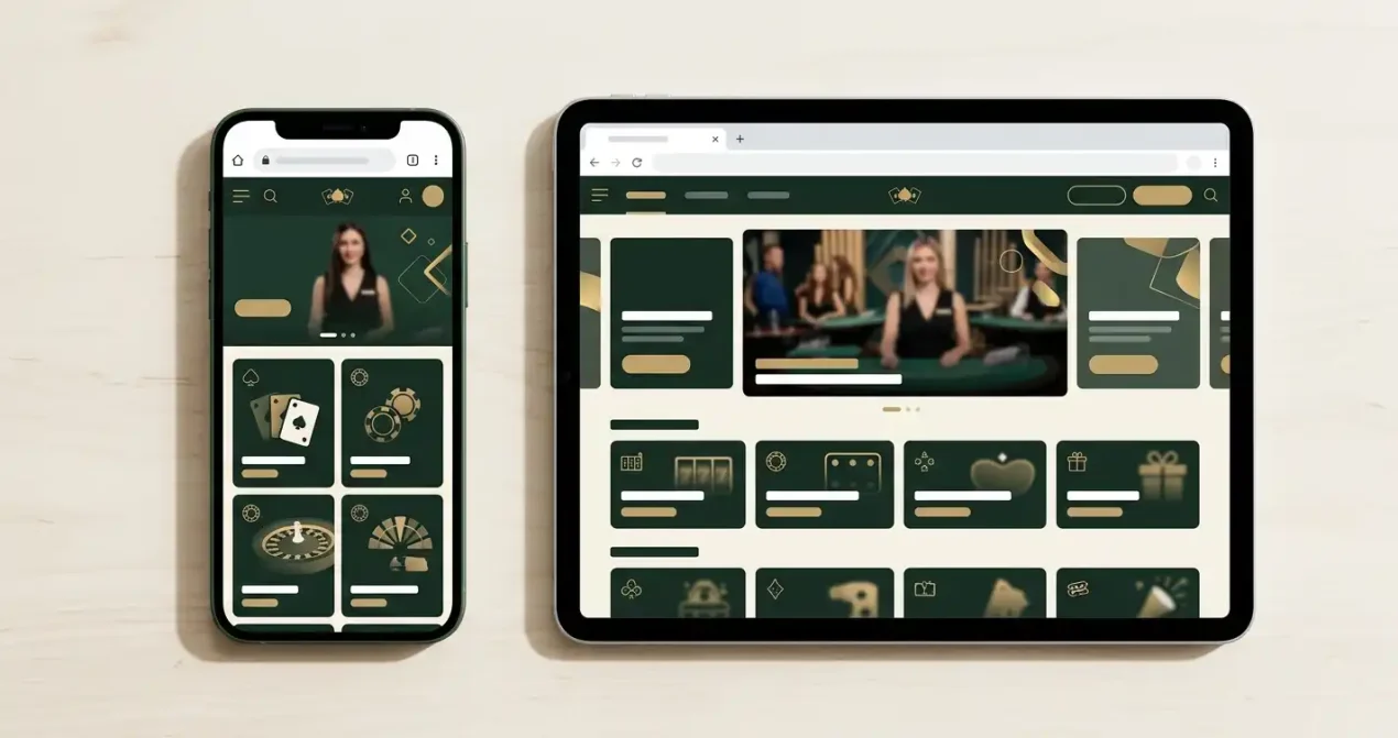 Illustration af en mobiltilpasset casinohjemmeside på telefon og tabletcomputer