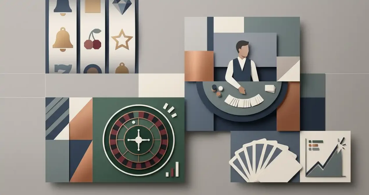 Illustration af spilleautomater, bordspil med spilvært og forskellige casinokategorier
