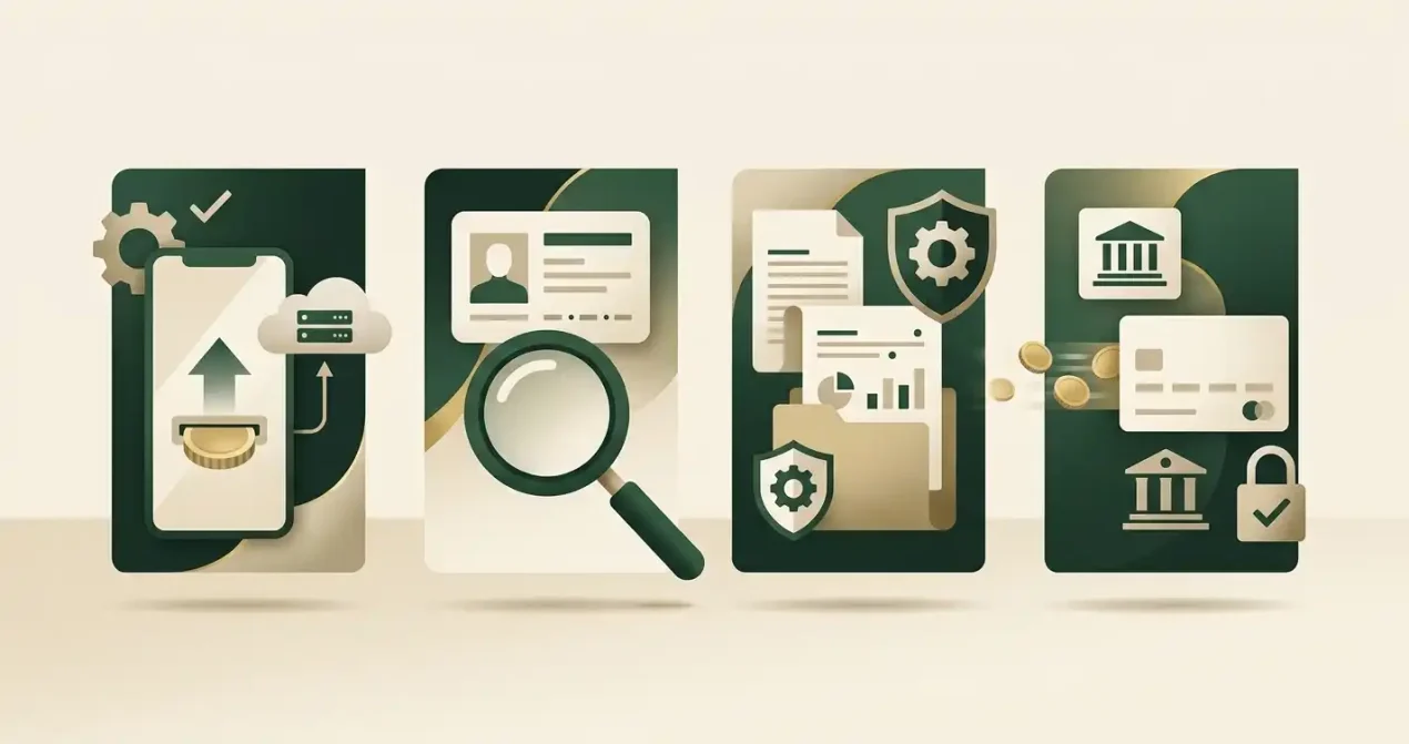Illustration af en udbetalingsproces med anmodning, identitetskontrol, gennemgang og betaling